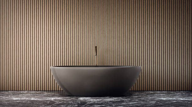 ванна на черном мраморном полу большой ванной комнаты в современном доме или роскошной вилле. - bathroom black faucet стоковые фото и изображения