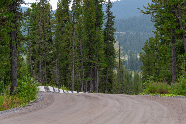 istock bend dirt mountain road with stone safety barrier 1223006860