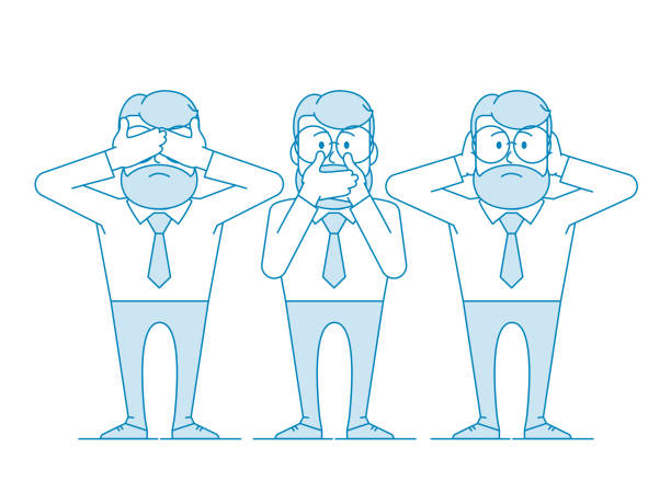 Illustration Three wise monkeys. Three wise monkeys. One man covers his mouth with his hands, the other covers his ears, the third eyes. Character - a man with a beard and glasses. Illustration in line art style. Vector speak no evil stock illustrations