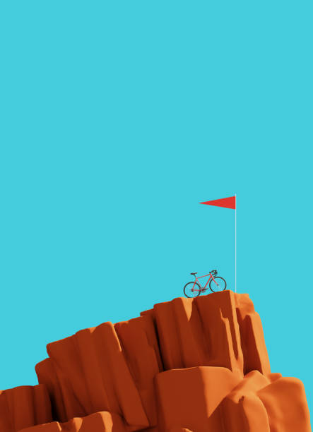 istock Bicycle on top of a mountain with flag, winner concept, 3d illustration 1223009904
