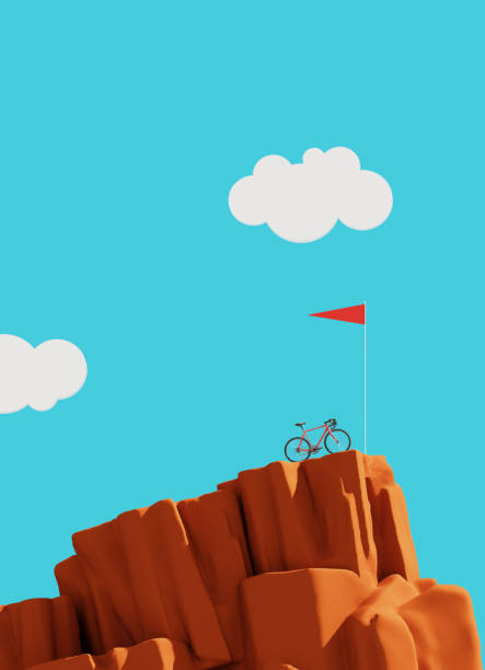 istock Bicycle on top of a mountain with flag, winner concept, 3d illustration 1223009951