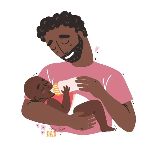 Vector illustration of Adorable baby drinking milk from bottle in father hands