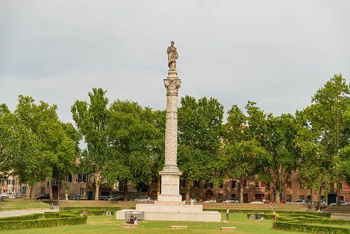 Piazza Ariostea in Ferrara, region of Emilia Romagna, Italy. The area is decorated with statue of column.