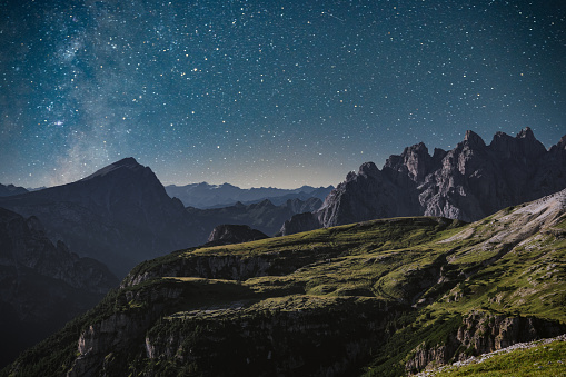 Italian alps mountains in a cloudless night, full of stars.