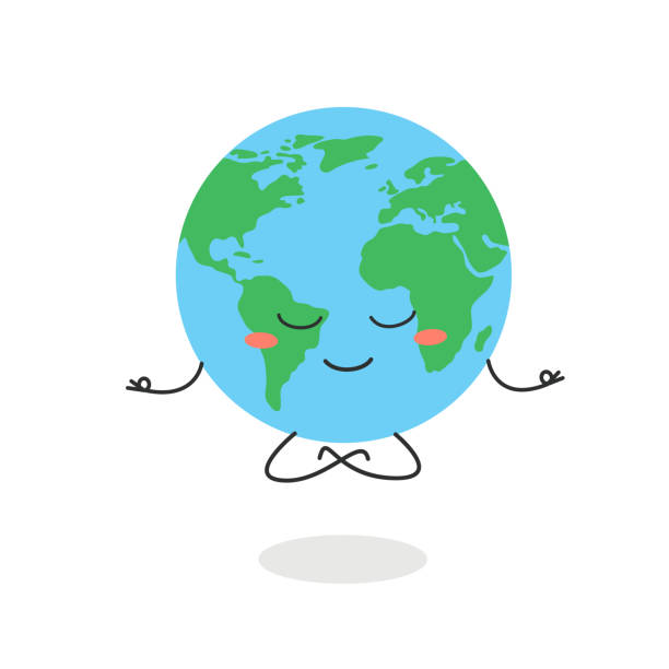 ilustraciones, imágenes clip art, dibujos animados e iconos de stock de meditación de personajes de globos animados en pose de loto - posing earth planet map