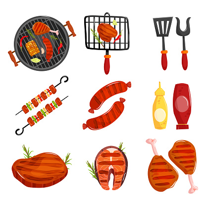 Barbecue elements set cartoon vector illustration isolated on white background. Grill, barbecue, shovel, fork, kebab, sausages, mustard, ketchup, pork, fish steak, chicken.