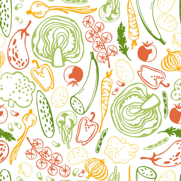 ilustrações, clipart, desenhos animados e ícones de legumes estilizados à mão. padrão vetorial. - ingredient
