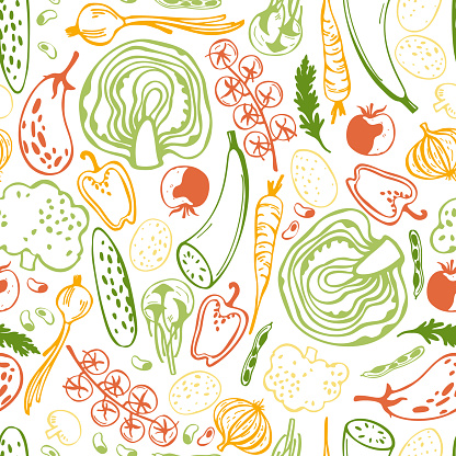 Hand drawn stylized vegetables. Vector  seamless pattern.
