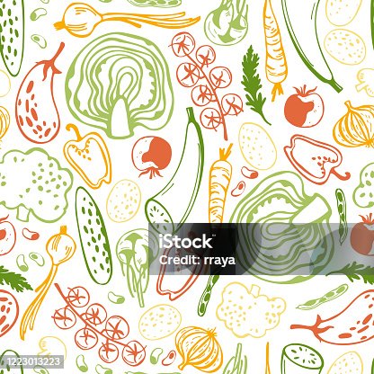 istock Hand drawn stylized vegetables. Vector  pattern. 1223013223