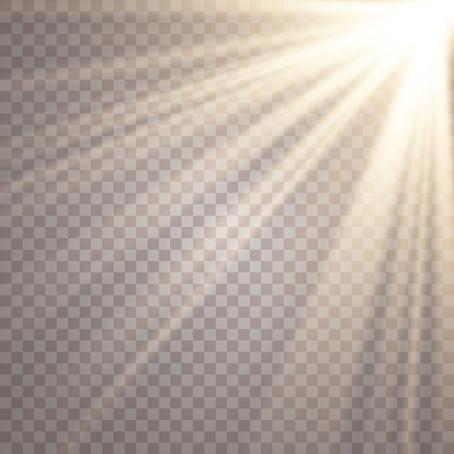 Sunlight on a transparent background. Glow light effects. Star flashed sequins. Sun glare on transparent background. the lens sparkles. Vector transparent sunlight special lens flare light effect.Vector