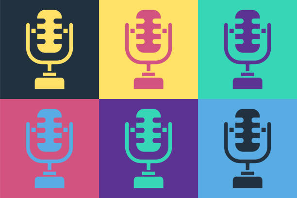 Pop art Microphone icon isolated on color background. On air radio mic microphone. Speaker sign. Vector Illustration Pop art Microphone icon isolated on color background. On air radio mic microphone. Speaker sign. Vector Illustration analogue radio stock illustrations
