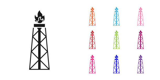 czarna platforma wiertnicza z ikoną ognia izolowana na białym tle. wieża gazowa. obiekt przemysłowy. ustaw ikony kolorowe. ilustracja wektorowa - oil rig drilling rig mining oil stock illustrations