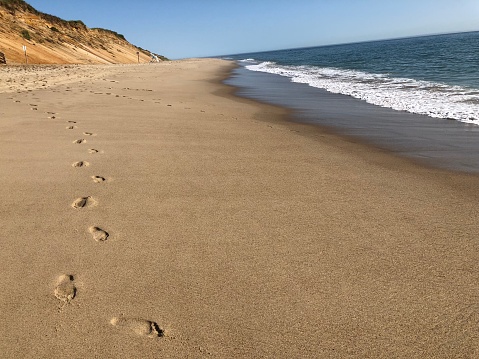 Beach footprints sea ocean sand water horizon