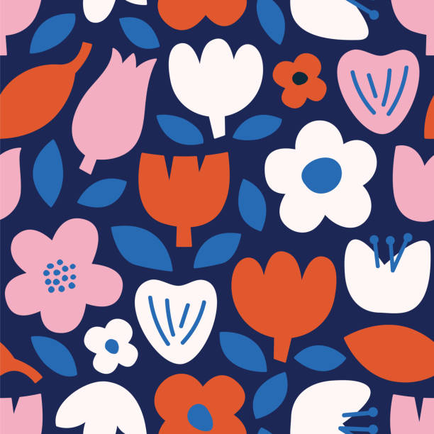 현대 추상 자연 꽃 원활한 패턴. 스칸디나비아 컷 아웃 스타일. 직물 또는 포장지, 벽 예술, 소셜 미디어 게시물, 포장을위한 현대 미적 예술. - flower shape stock illustrations