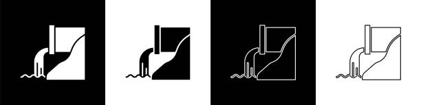 Set Wastewater icon isolated on black and white background. Sewer pipe. From the pipe flowing liquid into the river. Vector Illustration Set Wastewater icon isolated on black and white background. Sewer pipe. From the pipe flowing liquid into the river. Vector Illustration river system stock illustrations