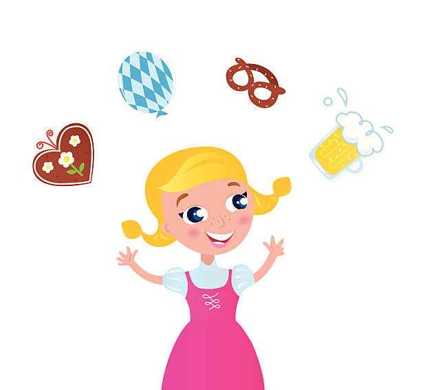octoberfest: bavarian dziewczyna w różowej sukience żonglerka z ikony - occupation white background young adult bartender stock illustrations