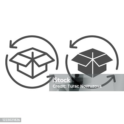 istock Cargo box with arrows line and solid icon, delivery parcel and logistics freight symbol, Package return vector sign on white background, Distribution processing box with arrows icon outline. Vector. 1223021826