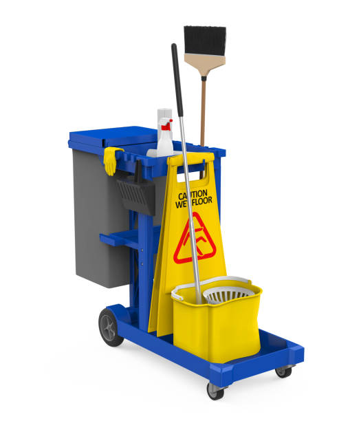 Janitor Cart with Cleaning Supplies isolated on white background. 3D render