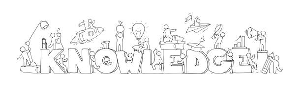 эскиз маленьких людей со словом знание - wisdom university single word student stock illustrations