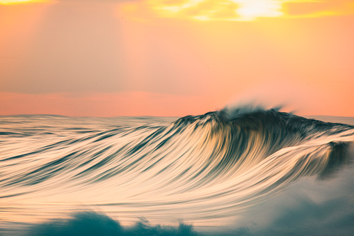 Smooth wave breaking in the sea during golden light off the coast of Australia