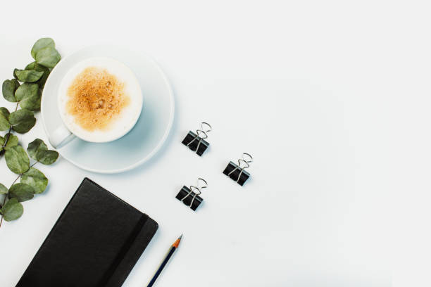 istock Top view of office desk workspace 1223022299