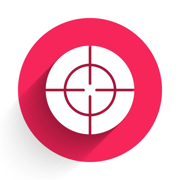 ホワイト ターゲット スポーツ アイコンは、長い影で隔離されています。射撃場や撮影のための数字でターゲットをきれいにします。赤い丸のボタン。ベクトルの図 - target sport target target shooting bulls eye点のイラスト素材／クリップアート素材／マンガ素材／アイコン素材