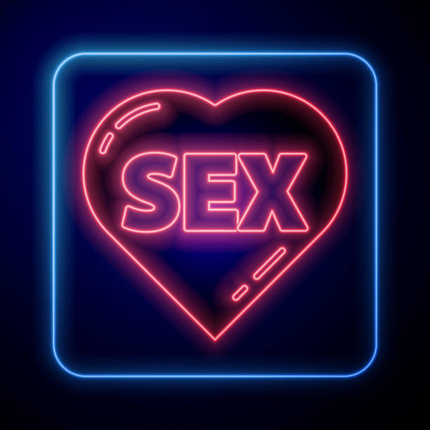 leuchtendes neon herz mit text sex-symbol isoliert auf blauem hintergrund. nur erwachsene inhalt symbol. vektor-illustration - sex stock-grafiken, -clipart, -cartoons und -symbole