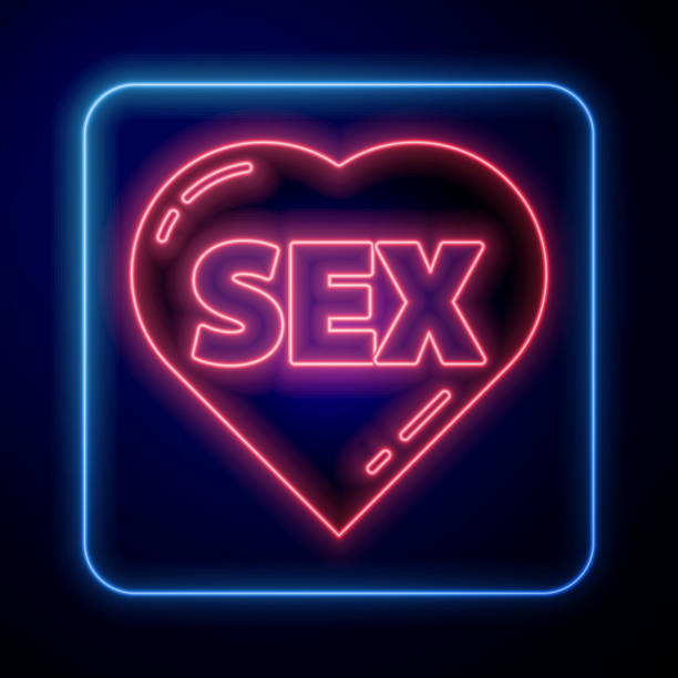 파란색 배경에 격리 된 텍스트 섹스 아이콘으로 빛나는 네온 하트. 성인 콘텐츠 전용 아이콘입니다. 벡터 일러스트레이션 - sex stock illustrations