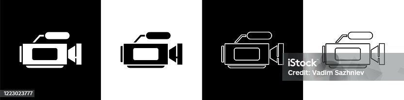 istock Set Cinema camera icon isolated on black and white background. Video camera. Movie sign. Film projector. Vector Illustration 1223023777