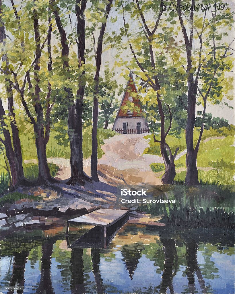 House by the river Countryside house by the river. Oil on canvas painting. Art stock illustration