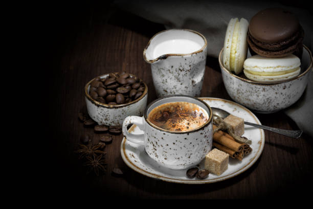 istock Cup of coffee, macaroons and linen napkin 1223024992