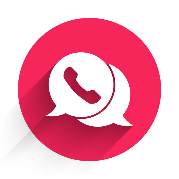 ilustrações de stock, clip art, desenhos animados e ícones de white telephone with speech bubble chat icon isolated with long shadow. support customer service, hotline, call center, faq. red circle button. vector illustration - on the phone
