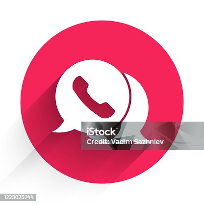 istock White Telephone with speech bubble chat icon isolated with long shadow. Support customer service, hotline, call center, faq. Red circle button. Vector Illustration 1223025244