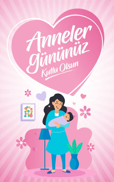 Happy Mother's Day greeting card. Translation: Happy Mother's Day greeting card. Happy Mother's Day. Translation: Anneler günü kutlu olsun. cute pregnant woman with gift stock illustrations