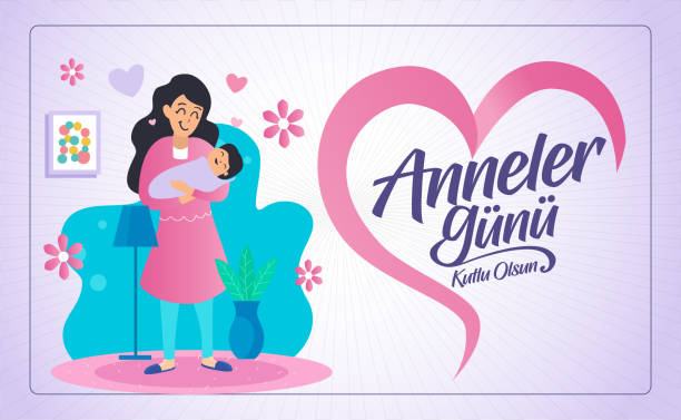 Happy Mother's Day greeting card. Translation: Happy Mother's Day greeting card. Happy Mother's Day. Translation: Anneler günü kutlu olsun. cute pregnant woman with gift stock illustrations