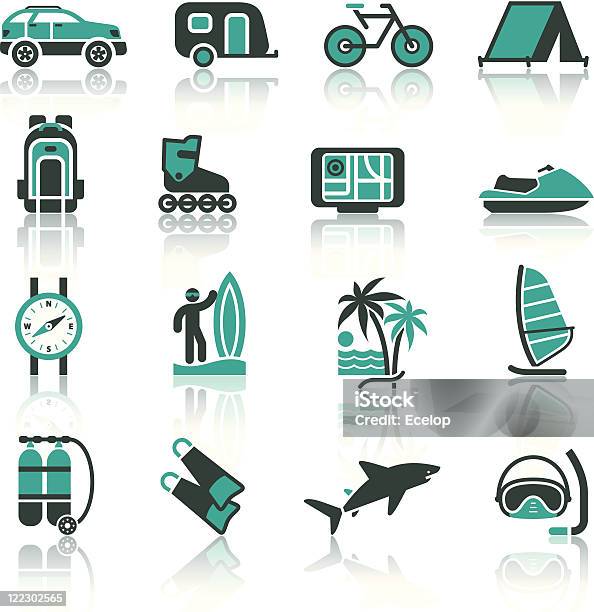 Vacation Recreation Travel Icons Set — стоковая векторная графика и другие изображения на тему Дайвинг с аквалангом - Дайвинг с аквалангом, Иконка, Автомобиль