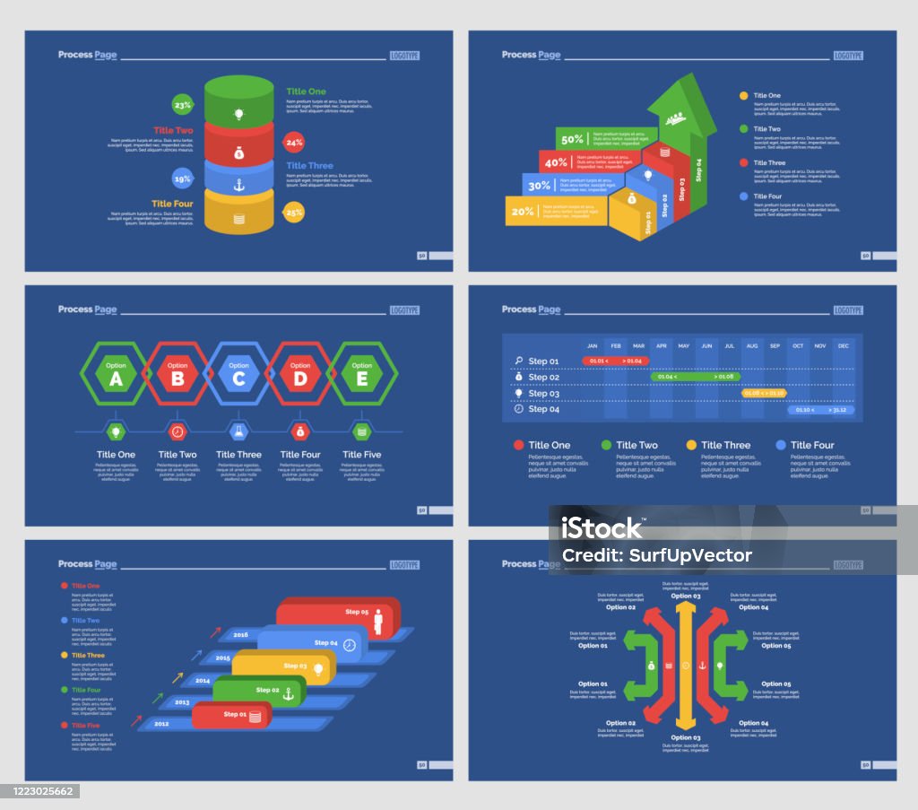 Six Analytics Diagrams Slide Templates Set Stock Illustration ...