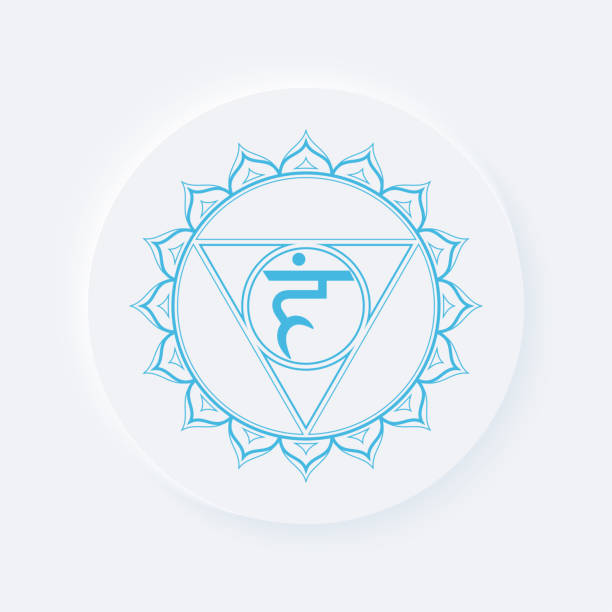 ilustraciones, imágenes clip art, dibujos animados e iconos de stock de chakra sacro de signo vishudha. icono con botón de círculo redondeado suave neumórfico blanco. ilustración vectorial eps 10. - om symbol lotus hinduism symbol