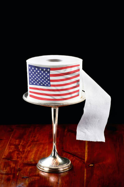 TP and America. Last roll of toilet paper award with gold trophy and old glory.. silver platter stock pictures, royalty-free photos & images