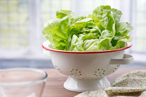 Fresh lettuce with colander in the kitchen