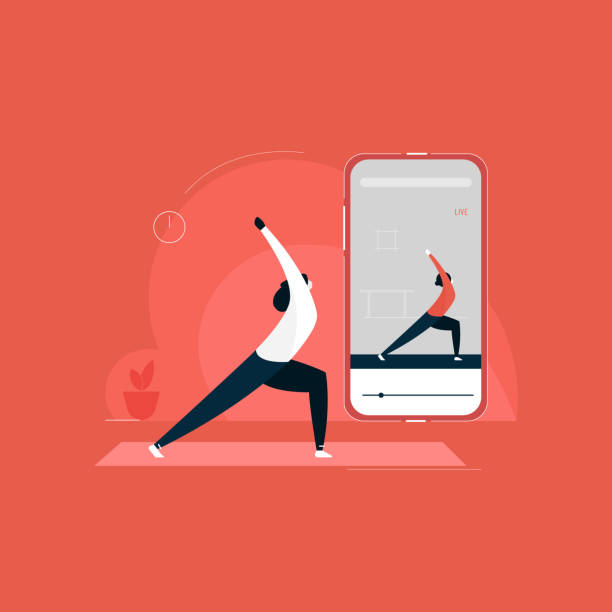 ilustraciones, imágenes clip art, dibujos animados e iconos de stock de chica haciendo ejercicio con entrenador de yoga en línea en el teléfono móvil, concepto de la ilustración de cursos de yoga en línea, actividad de fitness en interiores, yoga en casa - entrenador personal