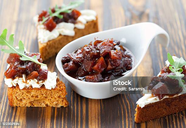 Pumpkin And Tomato Chutney Stock Photo - Download Image Now - Appetizer, Arugula, Bread