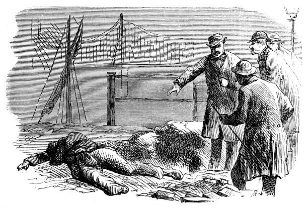 Victorian men finding a dead body Illustration of a Victorian men finding a dead body crime illustrations stock illustrations