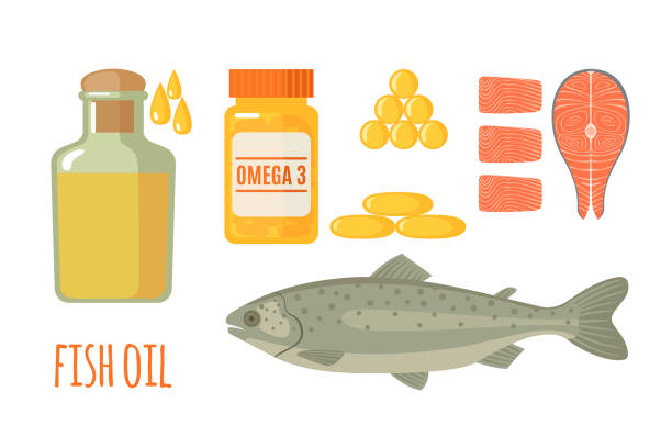 Fish oil vector icons set in flat style isolated on white background. Fish oil icons set in flat style isolated on white background. Healthy seafood, fish oil in bottle and softgel pills. Vector illustration. omega 3 stock illustrations