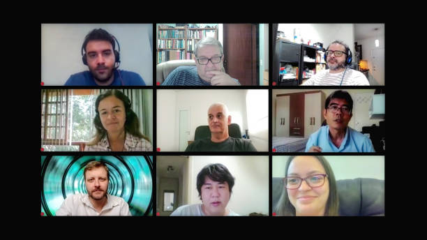 Computer screen lay-out with friends in their homes having teleconference Great example of how technology can facilitate social distance during crises that require staying at home. Case of during pandemic isolation by COVID-19. window grid patterns stock pictures, royalty-free photos & images