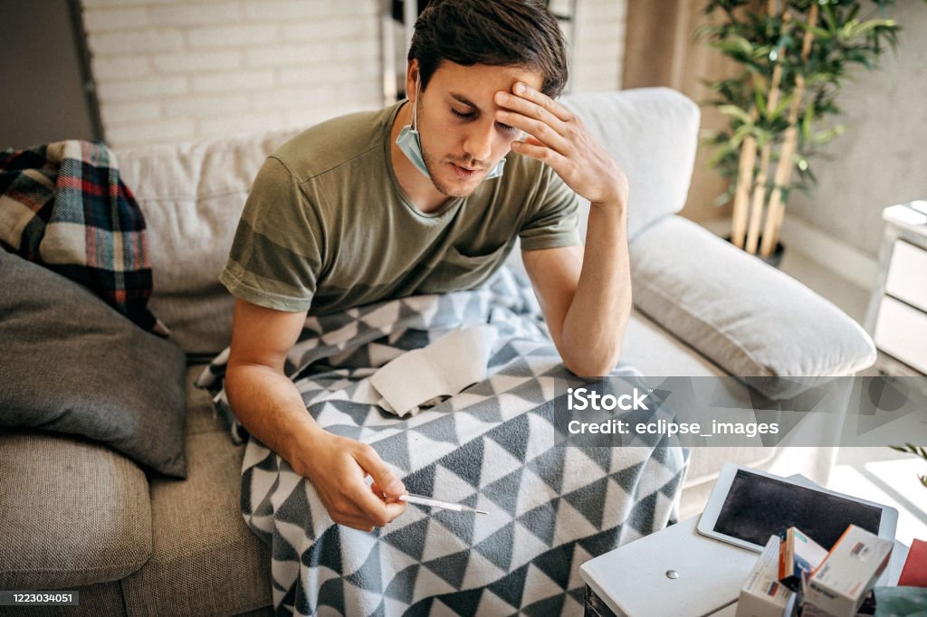I am sick man Man in bed, he has allergy reaction Immune System Stock Photo