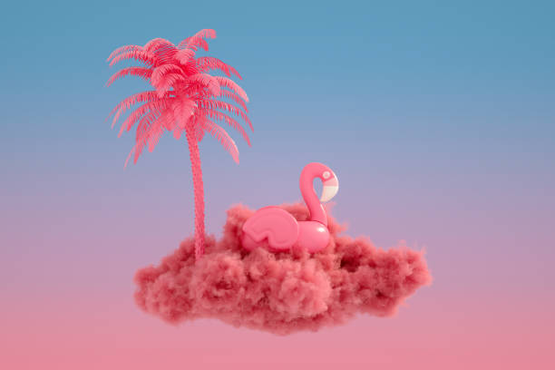 Summer Holiday Self Isolation on Cloud 3d rendering of minimal Summer, travel, self isolation concept on cloud. Color Gradient Background. Blue and Pink Colors. flamingo floaty stock pictures, royalty-free photos & images