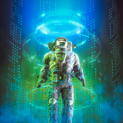 3D illustration of male astronaut inside futuristic teleportation device