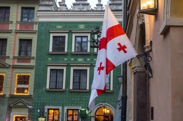 istock Polish flag on the building 1223036784