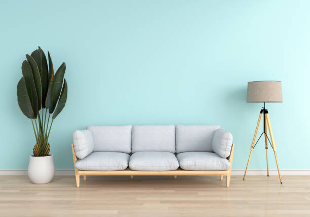 istock Gray sofa in light blue living room, 3D rendering 1223037709